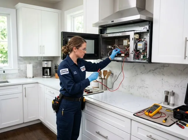 Appliance Repair Hero technician testing an over-the-range microwave in a Bradfordwoods, PA kitchen